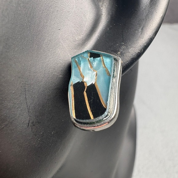 Jewelry - Teal Black Gold Kintsugi Style Mosaic Stud Earrings Silver Tone Geometric Post